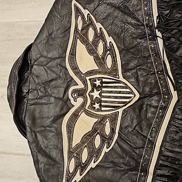 Michael Hoban coat vintage 100% leather black fringed biker style sz Large - Picture 9 of 11